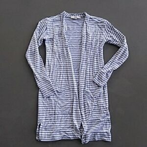 LOFT Gray and White Soft Jersey Knit Striped Long Line Cardigan